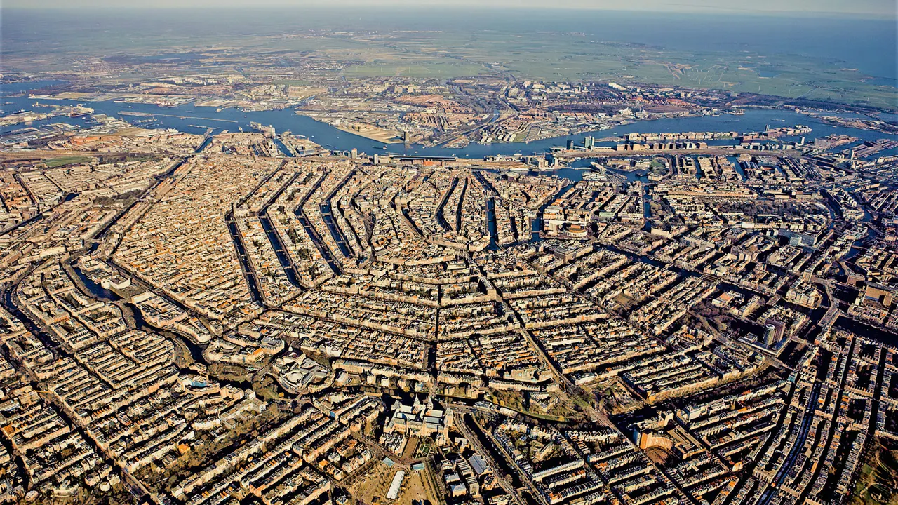 Aerial view of Amsterdam's concentric canals