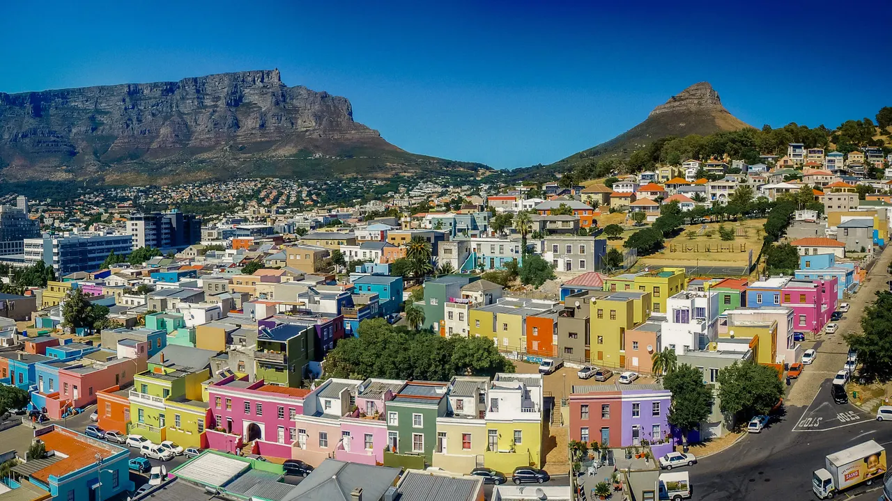 Bo-Kaap's colorful houses below Table Mountain, Cape Town