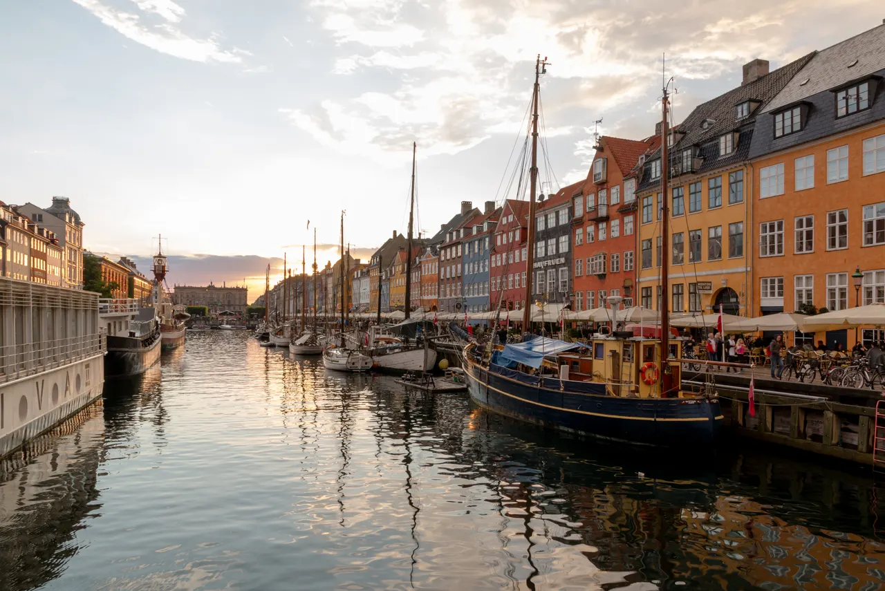 Nyhavn at sunset in Copenhagen, Denmark