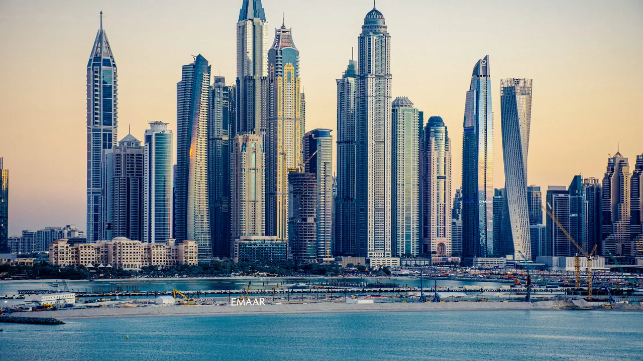 Dubai Marina towers at sunset