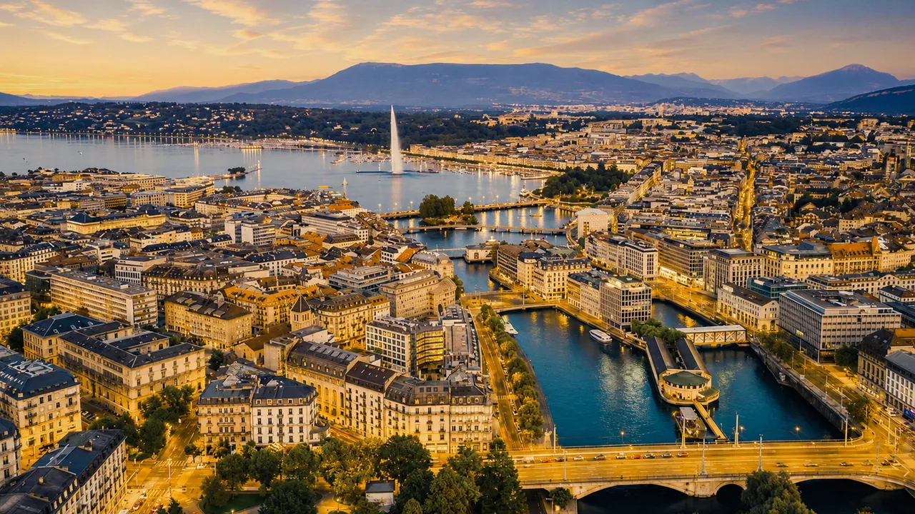 Geneva, the Rhone and the Jet d'Eau from above