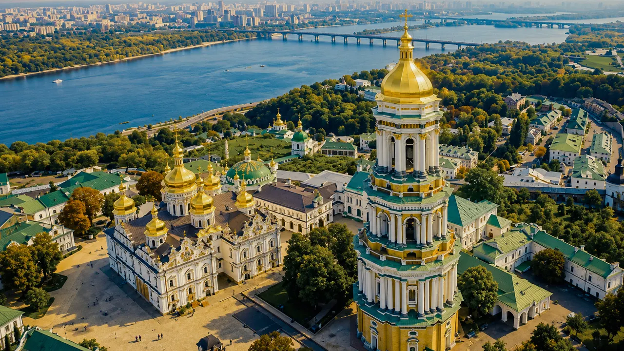 The Great Bell Tower of Kyiv Pechersk Lavra above the Dnieper