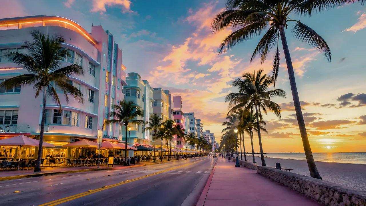 Art deco hotels along Ocean Drive at sunset, Miami Beach