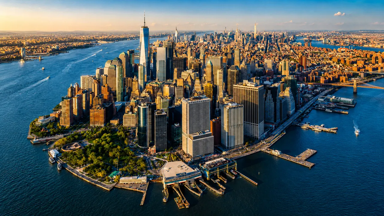 Aerial view of Lower Manhattan, One World Trade Center and the Brooklyn Bridge in New York at sunset