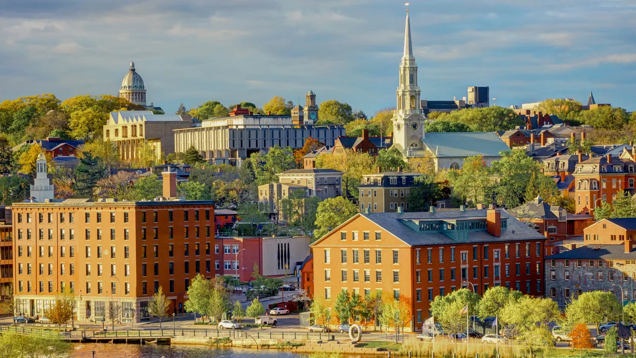 Providence riverfront and historic skyline in spring