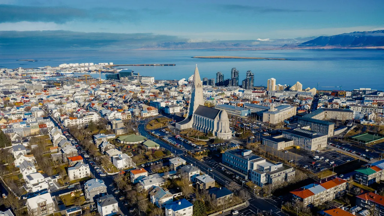 Hallgrimskirkja above the colorful city, Reykjavik