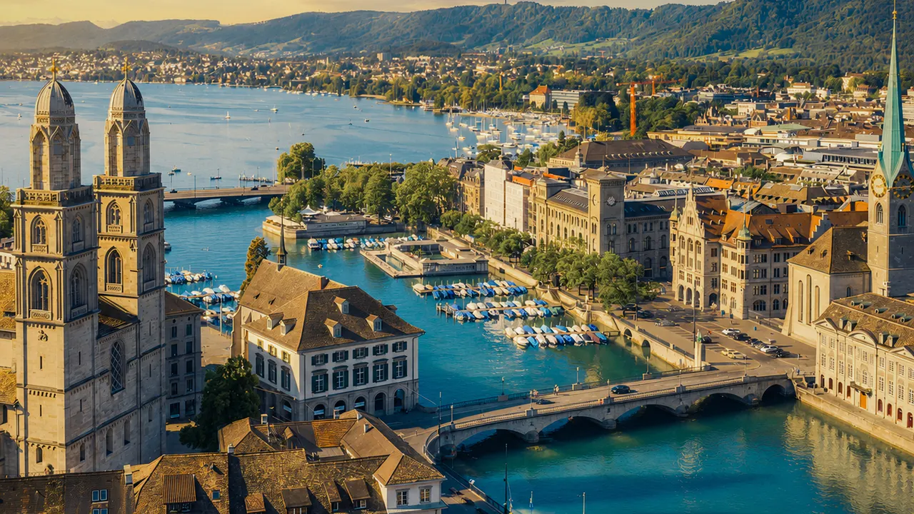 The Grossmunster towers above the Limmat and Lake Zurich