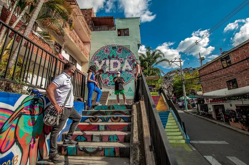 Comuna 13 escalators and murals in Medellin