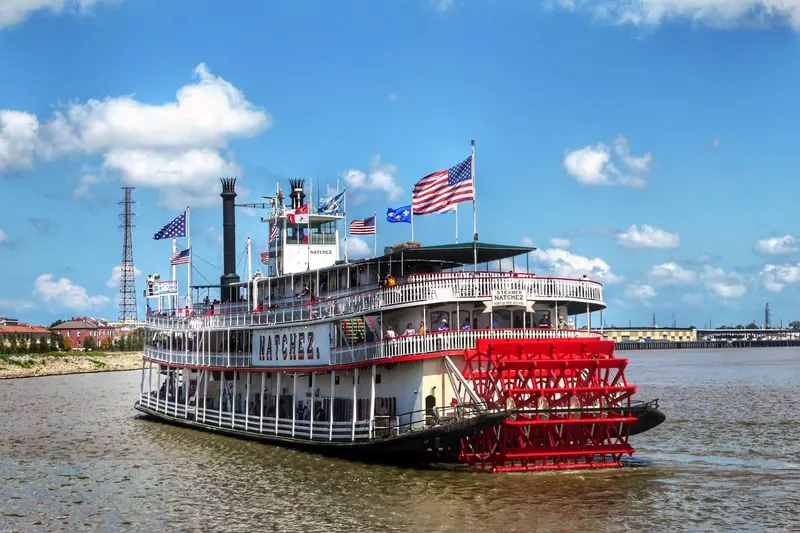 Steamboat Natchez and Mississippi riverfront in New Orleans